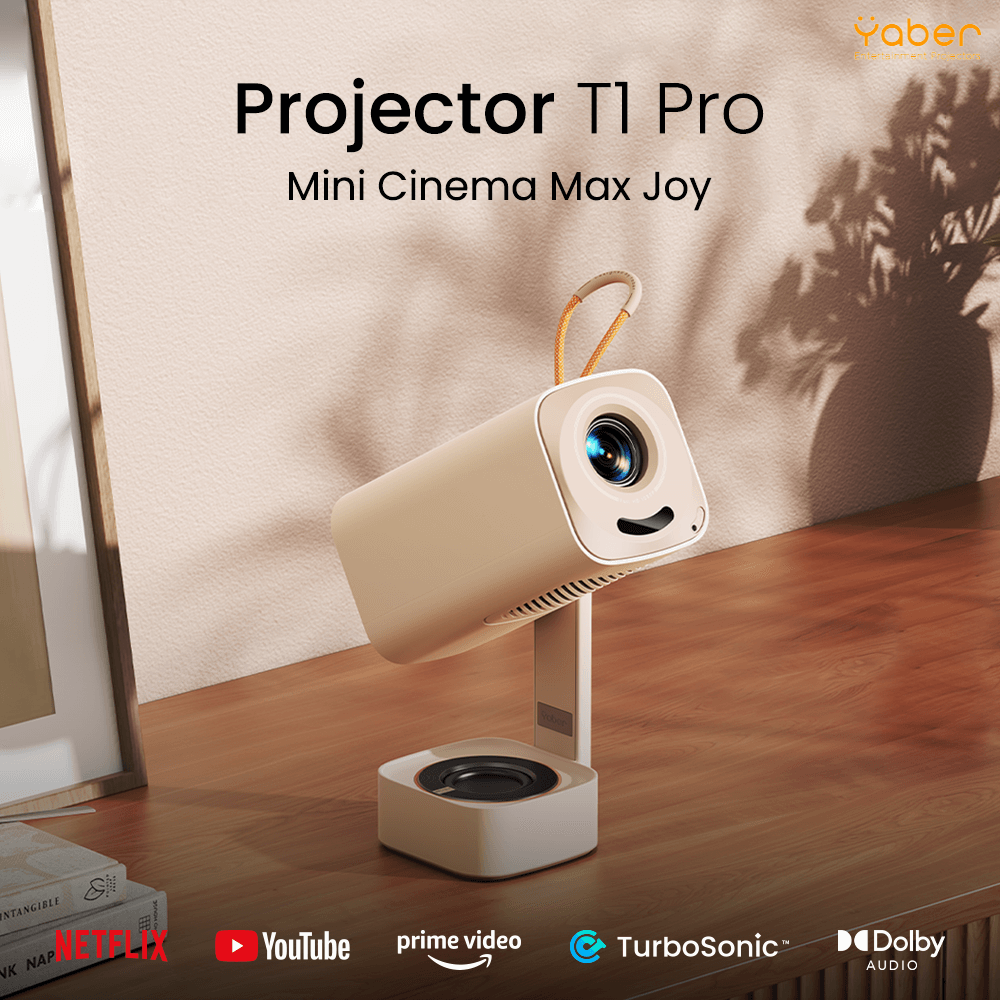 โปรเจคเตอร์ YABER T1 PRO สีเบจ หมุนได้ 180° คมชัด 1080P FHD สว่าง 220 ANSI LUMENS